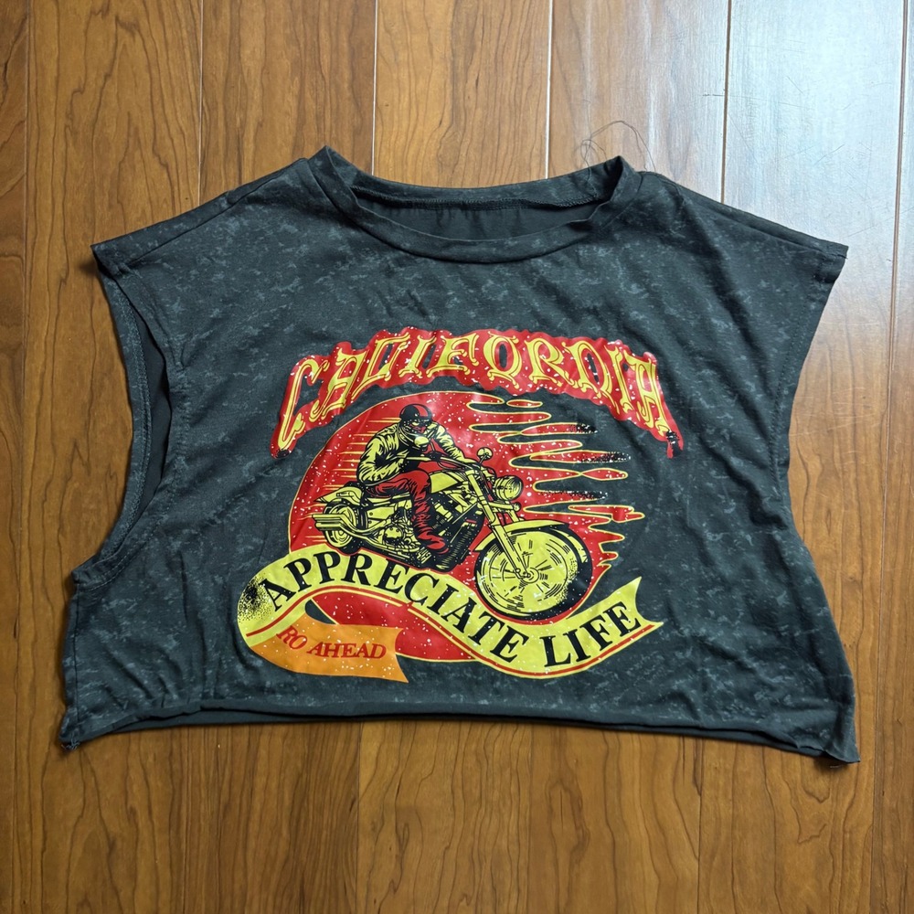 California Appreciate Life Biker Graphic Crop Tank Top Gray Acid Wash Large